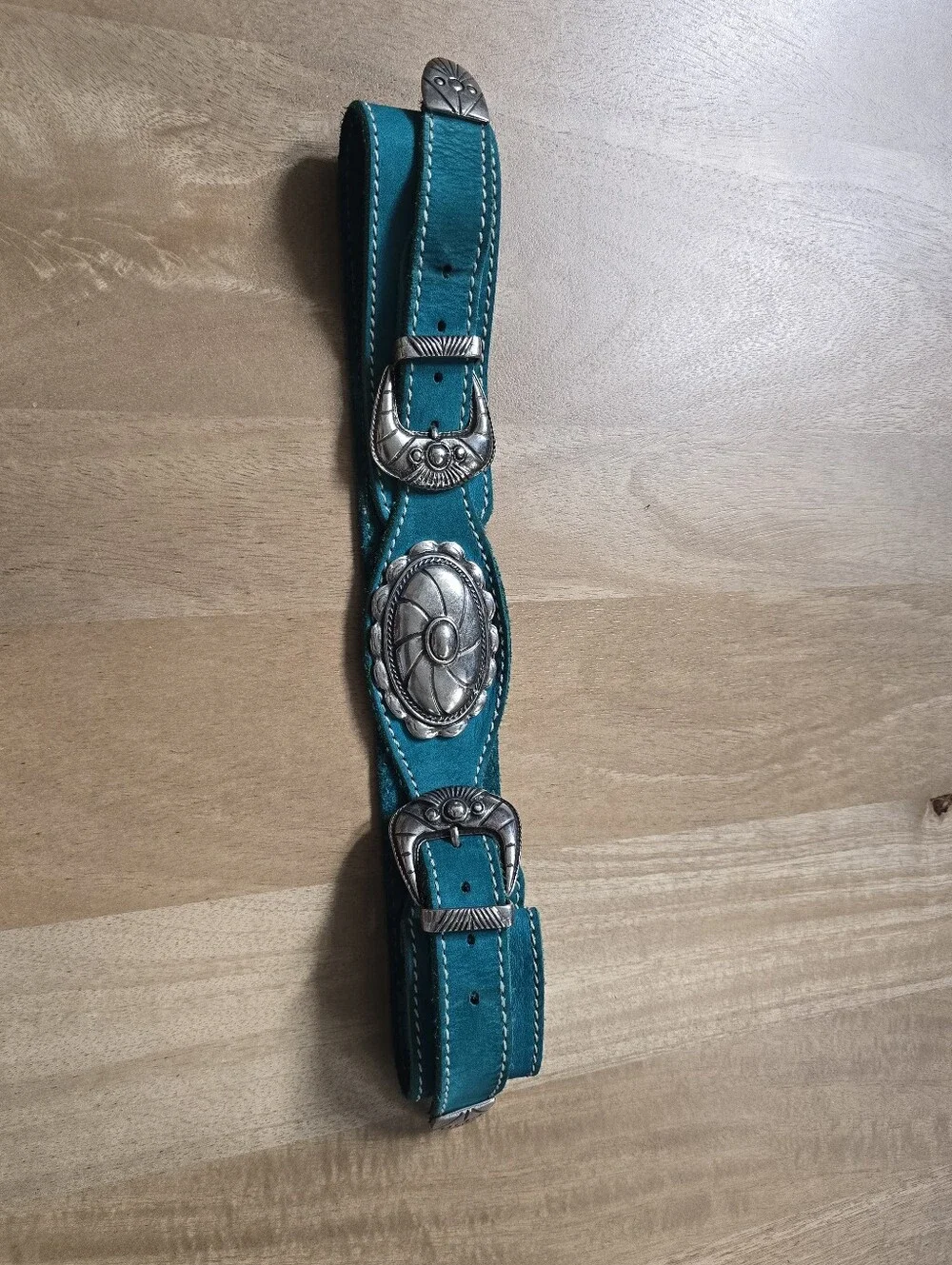 Vintage Western Double Buckle Belt Teal Turquoise Suede Concho Boho Womens S M - Picture 4 of 8